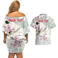 Personalized Japanese Shirasagi Bird Couples Matching Off Shoulder Short Dress and Hawaiian Shirt Sakura and Hibiscus Polynesian Pattern LT9 - Polynesian Pride