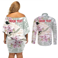 Personalized Japanese Shirasagi Bird Couples Matching Off Shoulder Short Dress and Long Sleeve Button Shirt Sakura and Hibiscus Polynesian Pattern LT9 - Polynesian Pride