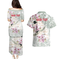 Personalized Japanese Shirasagi Bird Couples Matching Puletasi and Hawaiian Shirt Sakura and Hibiscus Polynesian Pattern
