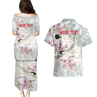 Personalized Japanese Shirasagi Bird Couples Matching Puletasi and Hawaiian Shirt Sakura and Hibiscus Polynesian Pattern LT9 - Polynesian Pride