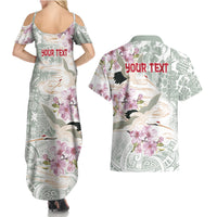 Personalized Japanese Shirasagi Bird Couples Matching Summer Maxi Dress and Hawaiian Shirt Sakura and Hibiscus Polynesian Pattern