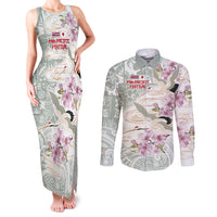Personalized Japanese Shirasagi Bird Couples Matching Tank Maxi Dress and Long Sleeve Button Shirt Sakura and Hibiscus Polynesian Pattern LT9 White - Polynesian Pride