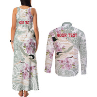 Personalized Japanese Shirasagi Bird Couples Matching Tank Maxi Dress and Long Sleeve Button Shirt Sakura and Hibiscus Polynesian Pattern LT9 - Polynesian Pride