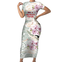 Personalized Japanese Shirasagi Bird Family Matching Short Sleeve Bodycon Dress and Hawaiian Shirt Sakura and Hibiscus Polynesian Pattern