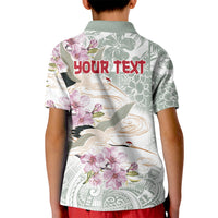 Personalized Japanese Shirasagi Bird Kid Polo Shirt Sakura and Hibiscus Polynesian Pattern