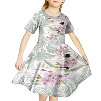 Personalized Japanese Shirasagi Bird Kid Short Sleeve Dress Sakura and Hibiscus Polynesian Pattern LT9 - Polynesian Pride