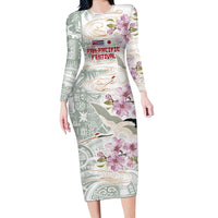 Personalized Japanese Shirasagi Bird Long Sleeve Bodycon Dress Sakura and Hibiscus Polynesian Pattern