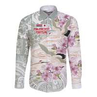 Personalized Japanese Shirasagi Bird Long Sleeve Button Shirt Sakura and Hibiscus Polynesian Pattern