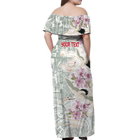 Personalized Japanese Shirasagi Bird Off Shoulder Maxi Dress Sakura and Hibiscus Polynesian Pattern LT9 - Polynesian Pride