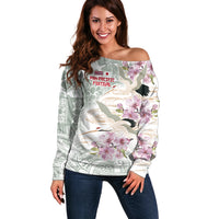 Personalized Japanese Shirasagi Bird Off Shoulder Sweater Sakura and Hibiscus Polynesian Pattern LT9 Women White - Polynesian Pride