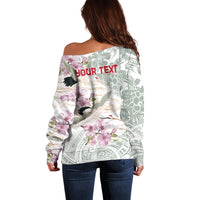 Personalized Japanese Shirasagi Bird Off Shoulder Sweater Sakura and Hibiscus Polynesian Pattern LT9 - Polynesian Pride