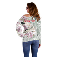 Personalized Japanese Shirasagi Bird Off Shoulder Sweater Sakura and Hibiscus Polynesian Pattern LT9 - Polynesian Pride