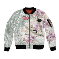 Personalized Japanese Shirasagi Bird Sleeve Zip Bomber Jacket Sakura and Hibiscus Polynesian Pattern LT9 Unisex White - Polynesian Pride