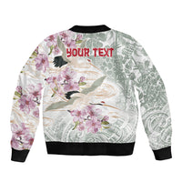 Personalized Japanese Shirasagi Bird Sleeve Zip Bomber Jacket Sakura and Hibiscus Polynesian Pattern LT9 - Polynesian Pride