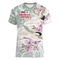 Personalized Japanese Shirasagi Bird Women V-Neck T-Shirt Sakura and Hibiscus Polynesian Pattern