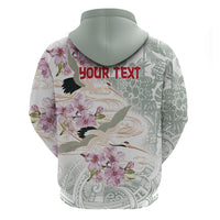 Personalized Japanese Shirasagi Bird Zip Hoodie Sakura and Hibiscus Polynesian Pattern