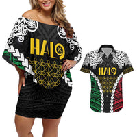 Halo Vanuatu Pride Couples Matching Off Shoulder Short Dress and Hawaiian Shirt Vanuatuan Sand Drawing Pattern LT9 Black - Polynesian Pride
