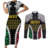 Halo Vanuatu Pride Couples Matching Short Sleeve Bodycon Dress and Long Sleeve Button Shirt Vanuatuan Sand Drawing Pattern LT9 Black - Polynesian Pride