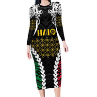 Halo Vanuatu Pride Family Matching Long Sleeve Bodycon Dress and Hawaiian Shirt Vanuatuan Sand Drawing Pattern