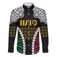 Halo Vanuatu Pride Family Matching Off The Shoulder Long Sleeve Dress and Hawaiian Shirt Vanuatuan Sand Drawing Pattern