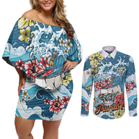 Hawaii Santa Skeleton Surfing Personalized Couples Matching Off Shoulder Short Dress and Long Sleeve Button Shirt Mele Kalikimaka i Iulai!