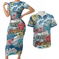Hawaii Santa Skeleton Surfing Personalized Couples Matching Short Sleeve Bodycon Dress and Hawaiian Shirt Mele Kalikimaka i Iulai! LT9 Blue - Polynesian Pride