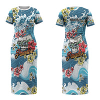 Hawaii Santa Skeleton Surfing Personalized Couples Matching Short Sleeve Bodycon Dress and Hawaiian Shirt Mele Kalikimaka i Iulai! LT9 - Polynesian Pride