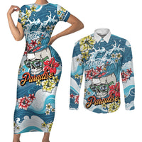 Hawaii Santa Skeleton Surfing Personalized Couples Matching Short Sleeve Bodycon Dress and Long Sleeve Button Shirt Mele Kalikimaka i Iulai!