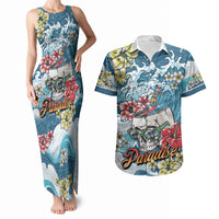 Hawaii Santa Skeleton Surfing Personalized Couples Matching Tank Maxi Dress and Hawaiian Shirt Mele Kalikimaka i Iulai! LT9 Blue - Polynesian Pride