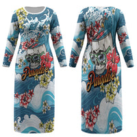 Hawaii Santa Skeleton Surfing Personalized Family Matching Long Sleeve Bodycon Dress and Hawaiian Shirt Mele Kalikimaka i Iulai! LT9 Mom's Dress Blue - Polynesian Pride