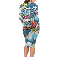 Hawaii Santa Skeleton Surfing Personalized Family Matching Long Sleeve Bodycon Dress and Hawaiian Shirt Mele Kalikimaka i Iulai!