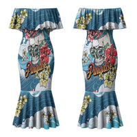 Hawaii Santa Skeleton Surfing Personalized Family Matching Mermaid Dress and Hawaiian Shirt Mele Kalikimaka i Iulai! LT9 Mom's Dress Blue - Polynesian Pride