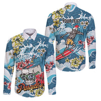 Hawaii Santa Skeleton Surfing Personalized Family Matching Mermaid Dress and Hawaiian Shirt Mele Kalikimaka i Iulai! LT9 Dad's Shirt - Long Sleeve Blue - Polynesian Pride
