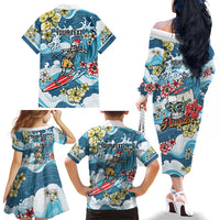 Hawaii Santa Skeleton Surfing Personalized Family Matching Off The Shoulder Long Sleeve Dress and Hawaiian Shirt Mele Kalikimaka i Iulai!