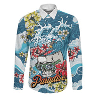 Hawaii Santa Skeleton Surfing Personalized Family Matching Off The Shoulder Long Sleeve Dress and Hawaiian Shirt Mele Kalikimaka i Iulai!