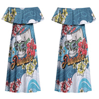 Hawaii Santa Skeleton Surfing Personalized Family Matching Off Shoulder Maxi Dress and Hawaiian Shirt Mele Kalikimaka i Iulai! LT9 Mom's Dress Blue - Polynesian Pride