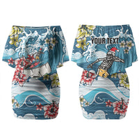 Hawaii Santa Skeleton Surfing Personalized Family Matching Off Shoulder Short Dress and Hawaiian Shirt Mele Kalikimaka i Iulai! LT9 Mom's Dress Blue - Polynesian Pride