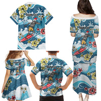 Hawaii Santa Skeleton Surfing Personalized Family Matching Puletasi and Hawaiian Shirt Mele Kalikimaka i Iulai! LT9 Mom's Dress Blue - Polynesian Pride