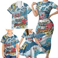 Hawaii Santa Skeleton Surfing Personalized Family Matching Short Sleeve Bodycon Dress and Hawaiian Shirt Mele Kalikimaka i Iulai! LT9 - Polynesian Pride