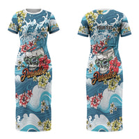 Hawaii Santa Skeleton Surfing Personalized Family Matching Short Sleeve Bodycon Dress and Hawaiian Shirt Mele Kalikimaka i Iulai! LT9 Mom's Dress Blue - Polynesian Pride