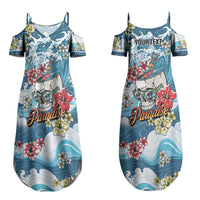 Hawaii Santa Skeleton Surfing Personalized Family Matching Summer Maxi Dress and Hawaiian Shirt Mele Kalikimaka i Iulai! LT9 Mom's Dress Blue - Polynesian Pride