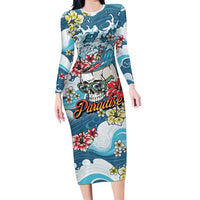 Hawaii Santa Skeleton Surfing Personalized Long Sleeve Bodycon Dress Mele Kalikimaka i Iulai! LT9 Long Dress Blue - Polynesian Pride