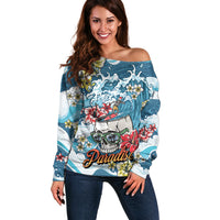 Hawaii Santa Skeleton Surfing Personalized Off Shoulder Sweater Mele Kalikimaka i Iulai!