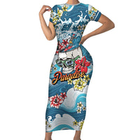 Hawaii Santa Skeleton Surfing Personalized Short Sleeve Bodycon Dress Mele Kalikimaka i Iulai! LT9 Long Dress Blue - Polynesian Pride
