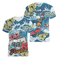 Hawaii Santa Skeleton Surfing Personalized Women V-Neck T-Shirt Mele Kalikimaka i Iulai!