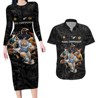 Custom Rugby Southern Hemisphere Couples Matching Long Sleeve Bodycon Dress and Hawaiian Shirt Argentina AUNZ South Africa Mascot Black LT9 Black - Polynesian Pride