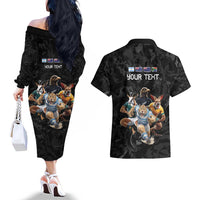 Custom Rugby Southern Hemisphere Couples Matching Off The Shoulder Long Sleeve Dress and Hawaiian Shirt Argentina AUNZ South Africa Mascot Black - Polynesian Pride