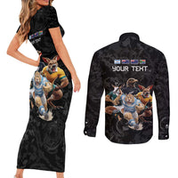 Custom Rugby Southern Hemisphere Couples Matching Short Sleeve Bodycon Dress and Long Sleeve Button Shirt Argentina AUNZ South Africa Mascot Black - Polynesian Pride