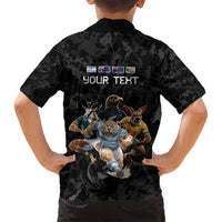 Custom Rugby Southern Hemisphere Family Matching Off Shoulder Short Dress and Hawaiian Shirt Argentina AUNZ South Africa Mascot Black - Polynesian Pride