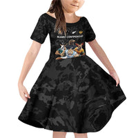 Custom Rugby Southern Hemisphere Family Matching Off Shoulder Short Dress and Hawaiian Shirt Argentina AUNZ South Africa Mascot Black - Polynesian Pride